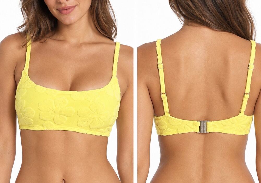 Yukari Swim Yellow Textured Floral Bikini Top Adjustable Straps Size Small